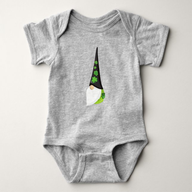 Saint Patrick's Day Gnome, Cute Gnome, Clovers Baby Bodysuit (Front)