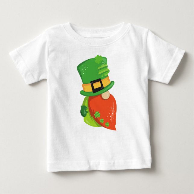 Saint Patrick's Day Gnome, Leprechaun Hat, Clovers Baby T-Shirt (Front)