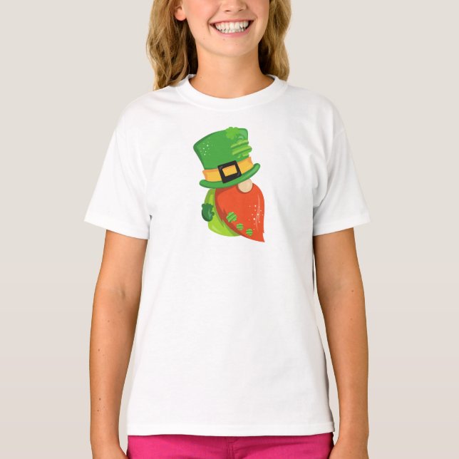 Saint Patrick's Day Gnome, Leprechaun Hat, Clovers T-Shirt (Front)