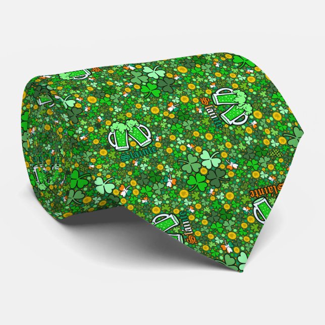 Saint Patrick's Day Green Beer Gold Coins Shamrock Tie (Rolled)