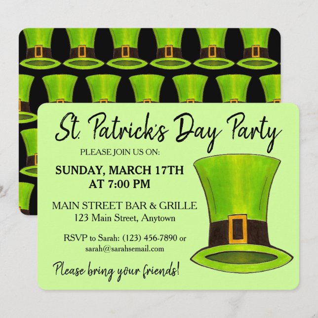 Saint Patrick's Day Green Leprechaun Tophat Party Invitation (Front/Back)