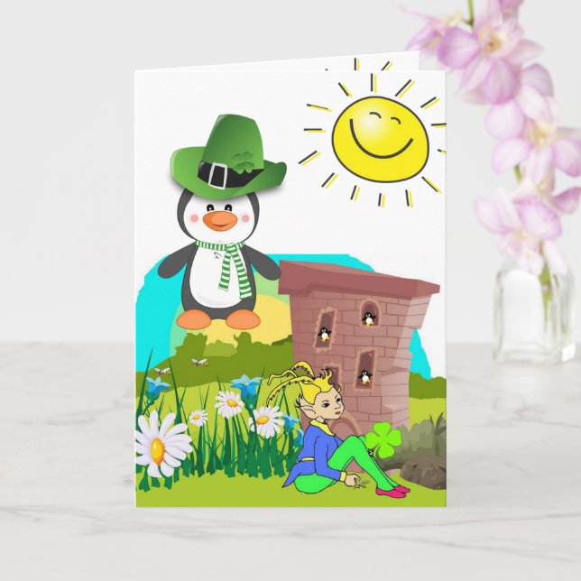 Saint Patrick's Day Greeting Card Penguin  Floral (Orchid)