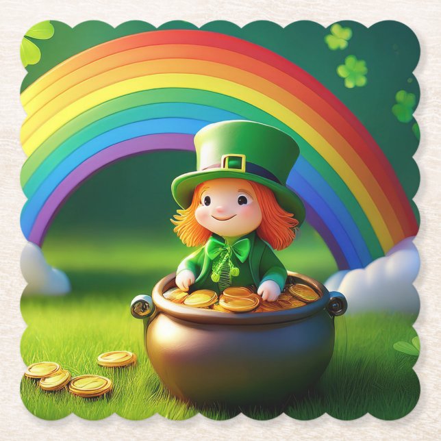 Saint Patrick's Day Leprechaun in Pot of Gold Paper Coaster (Front)