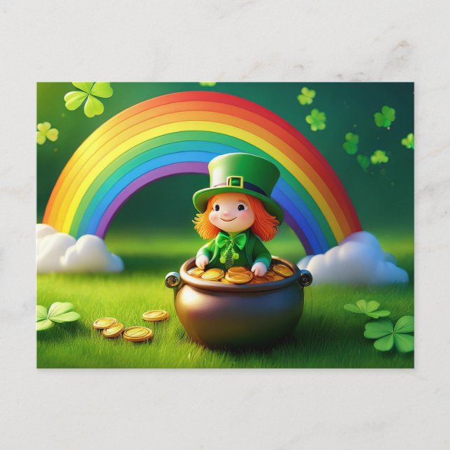 Saint Patrick's Day Leprechaun in Pot of Gold Postcard (Front)