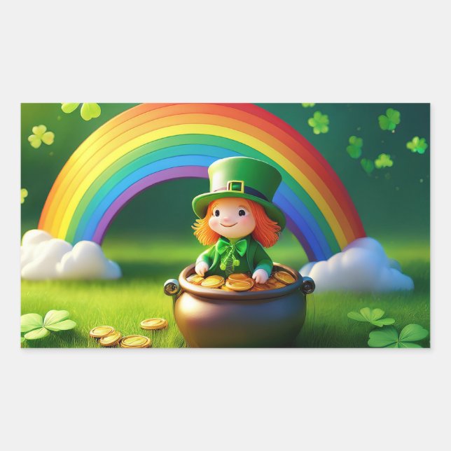 Saint Patrick's Day Leprechaun in Pot of Gold Rectangular Sticker (Front)