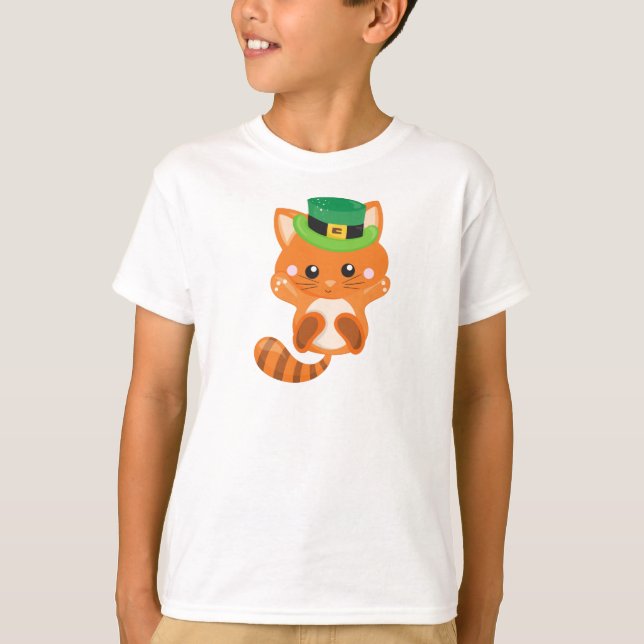 Saint Patrick's Day, Orange Cat, Leprechaun Hat T-Shirt (Front)