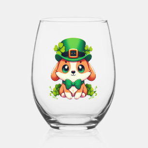 Saint Patricks' Day puppy Stemless Wine Glass