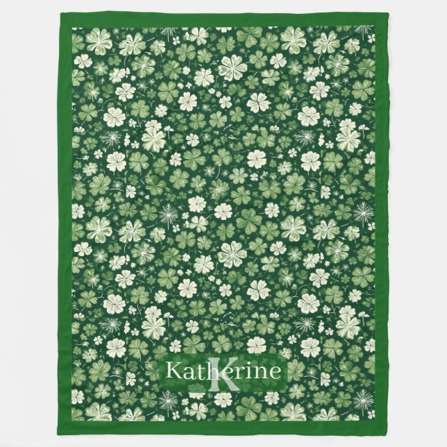 Saint Patricks Day Raining Shamrocks 4 Leaf Clover Fleece Blanket (Front)