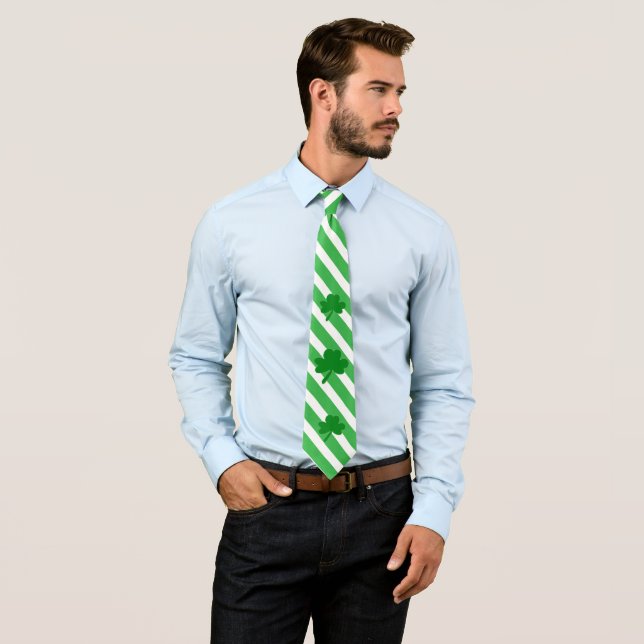 Saint Patrick's Day Shamrocks Grreen White Stripes Tie (In Situ)