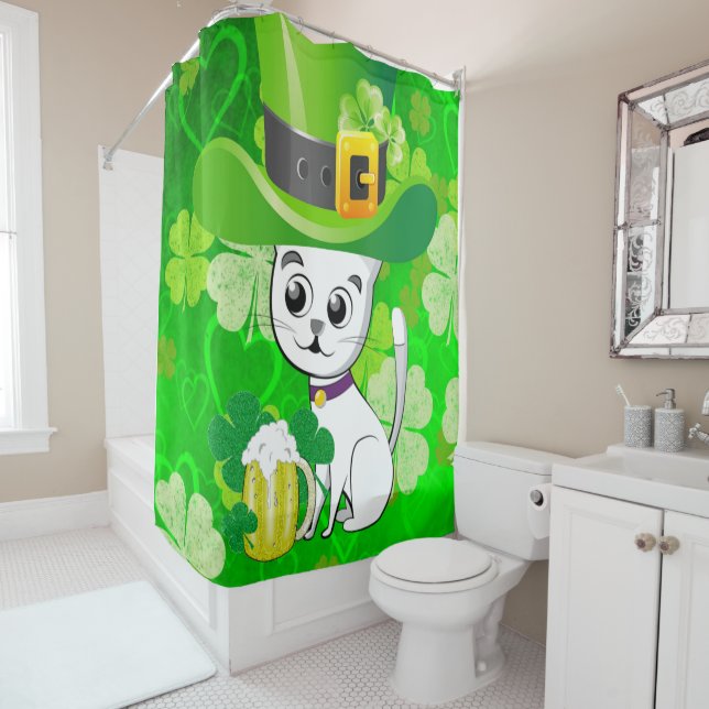Saint Patrick's Day Shower Curtain Cat Beer (In Situ)