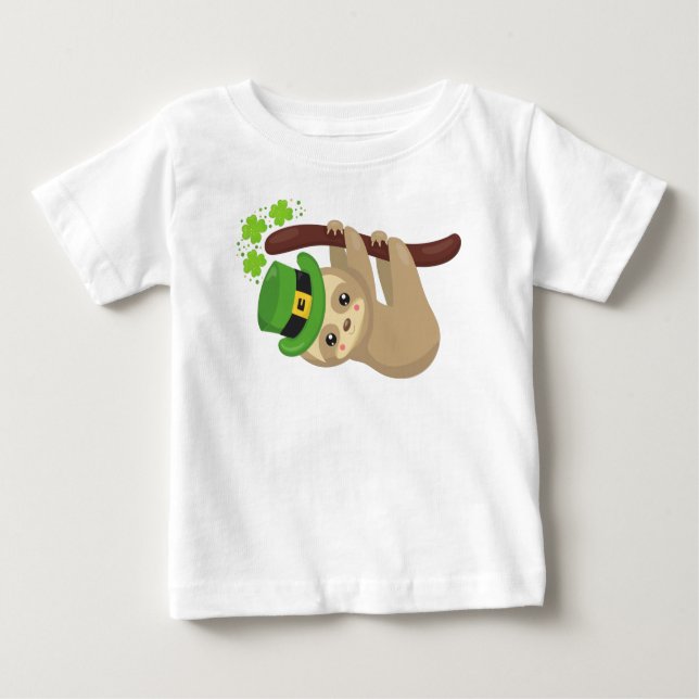 Saint Patrick's Day Sloth, Leprechaun Hat, Clovers Baby T-Shirt (Front)