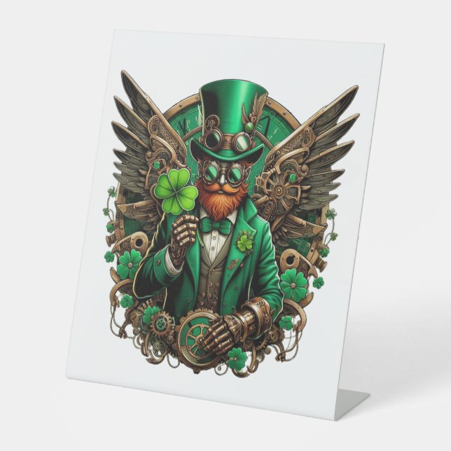Saint Patrick's Day steampunk clover Pedestal Sign (Front)