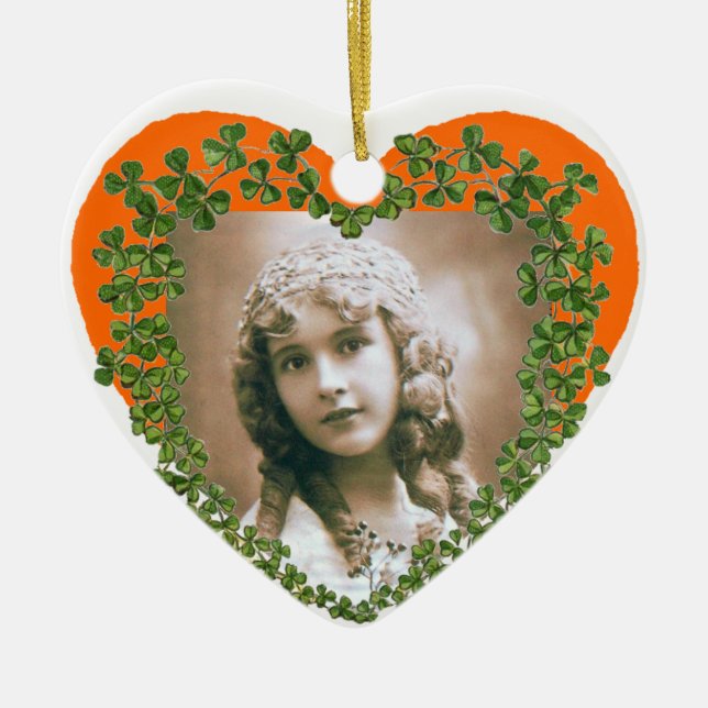 SAINT PATRICK'S SHAMROCK HEART PHOTO TEMPLATE CERAMIC TREE DECORATION (Front)