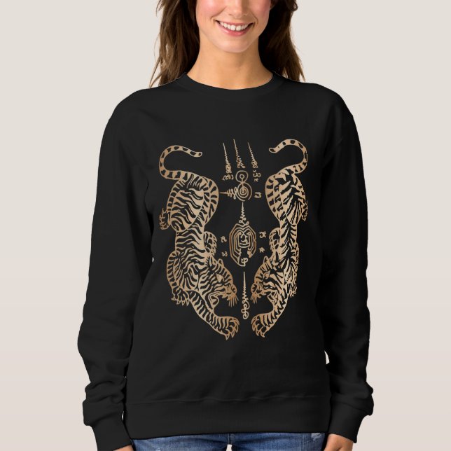 Sak Yant Thai Tattoo Twin Tiger Muay Magical Thail Sweatshirt (Front)