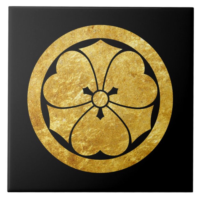 Sakai Mon Japanese samurai clan faux gold on black Ceramic Tile (Front)