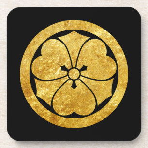 Sakai Mon Japanese samurai clan faux gold on black Coaster