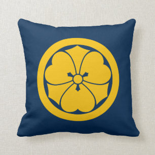 Sakai Mon Japanese samurai clan yellow on blue Cushion