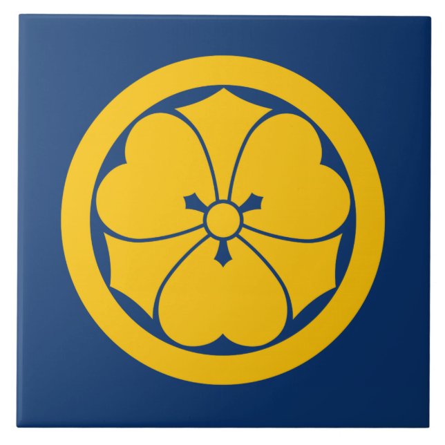 Sakai Mon Japanese samurai clan yellow on blue Tile (Front)