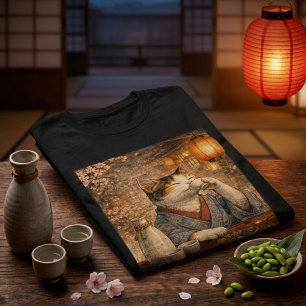 Sake-Drinking Cat in Japanese Teahouse T-Shirt