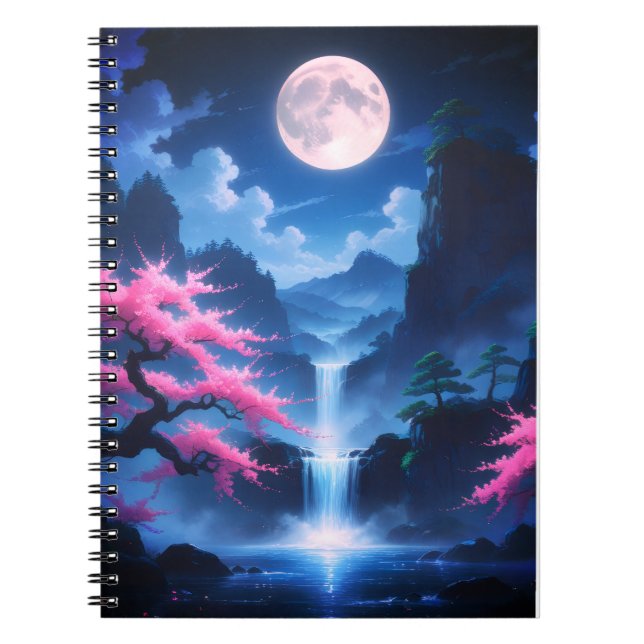 Sakora tree-Moonlit Waterfall with Cherr-pink Notebook (Front)