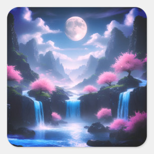 Sakora tree-Moonlit Waterfall with Cherr-pink Square Sticker