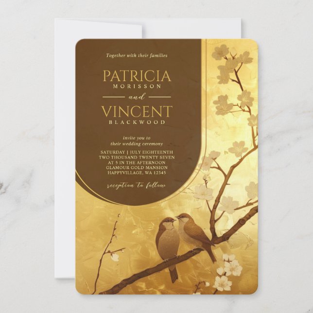 Sakura and Love Birds on GOLD Wedding Invitation (Front)