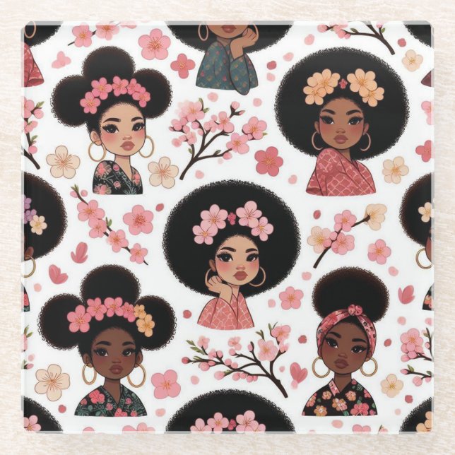 Sakura and Puffs - black girls with afro puffs Glass Coaster (Front)