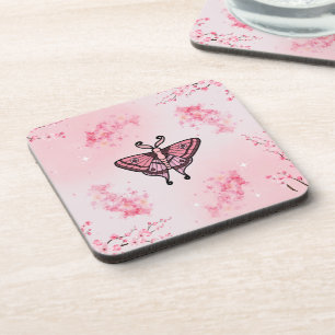 Sakura Bliss, Pink Moth, Sakura Background Coaster