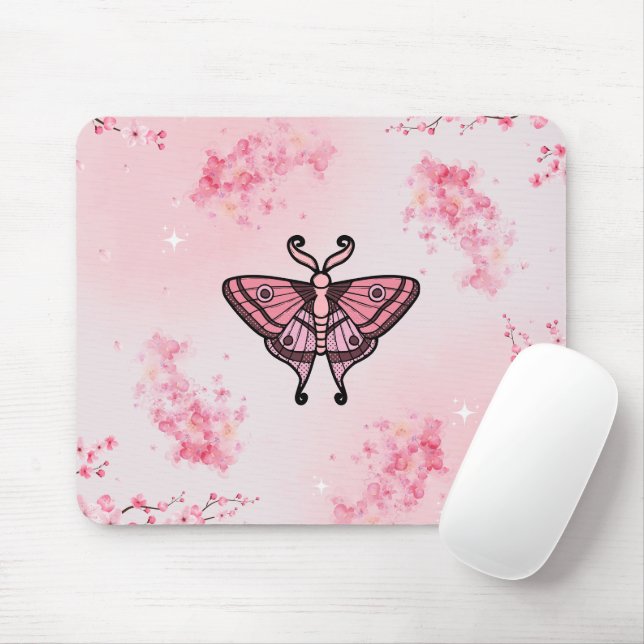 Sakura Bliss, Pink Moth, Sakura Background Mouse Pad (With Mouse)