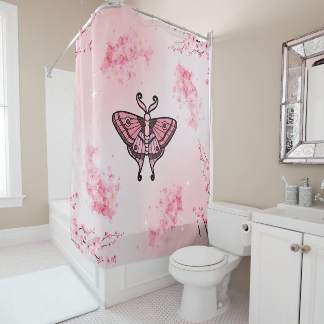 Sakura Bliss, Pink Moth, Sakura Background Shower Curtain (In Situ)