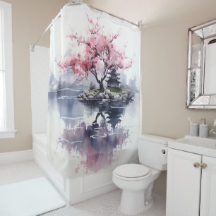 Sakura Blooming over Lake Shower Curtain