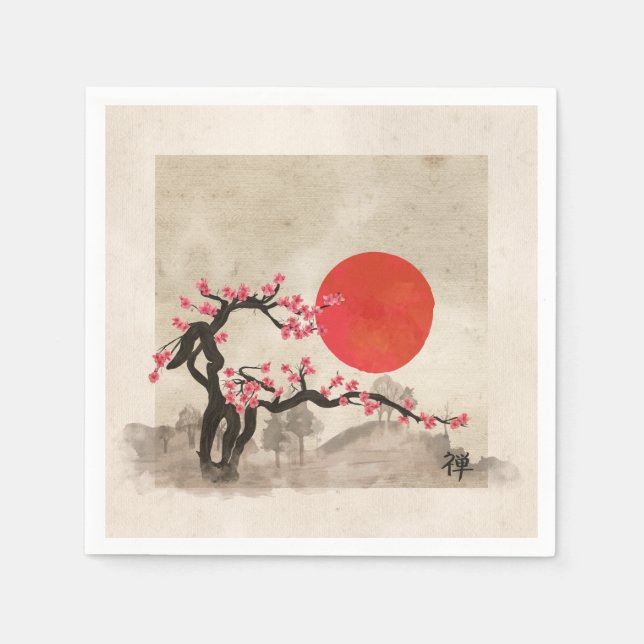 Sakura Blossom Landscape Zen hieroglyph Napkin (Front)