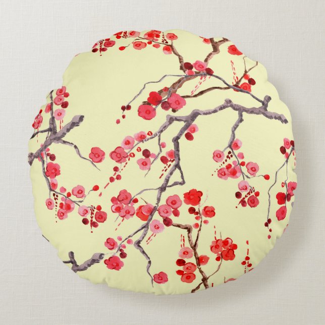 Sakura Blossom Watercolor Seamless Pattern Round Cushion (Front)