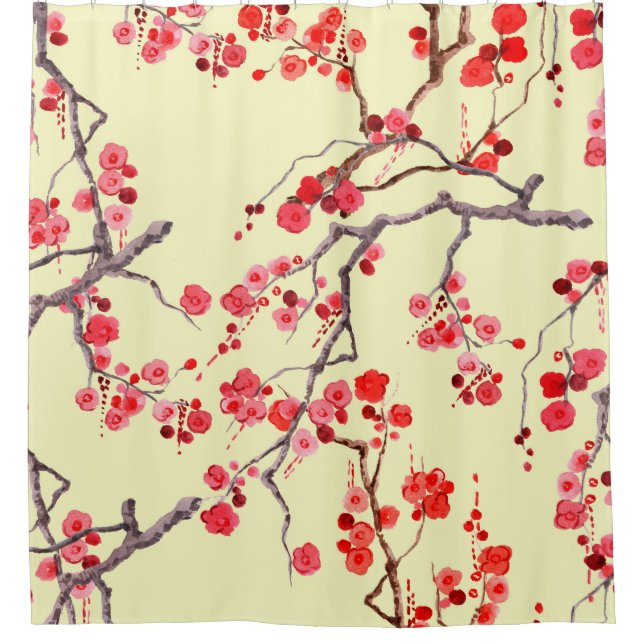 Sakura Blossom Watercolor Seamless Pattern Shower Curtain (Front)