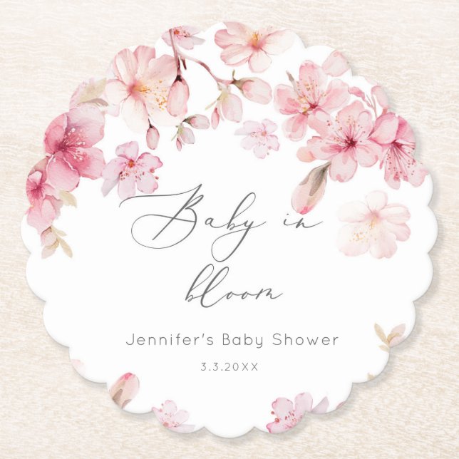 Sakura cherry blossom baby in bloom baby shower paper coaster (Front)