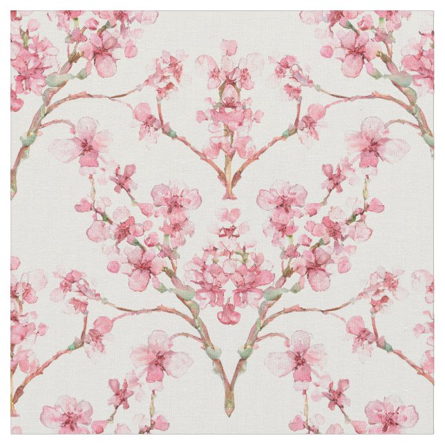 Sakura Cherry Blossom Damask Watercolor Fabric (Close Up)