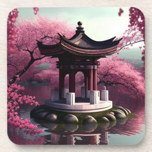 Sakura Cherry Blossom Garden Shrine Pond Japanese Coaster