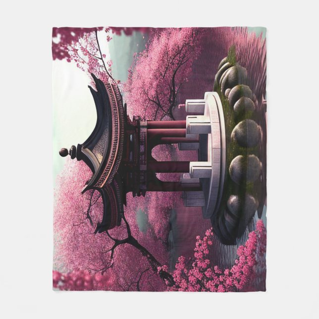 Sakura Cherry Blossom Garden Shrine Pond Japanese Fleece Blanket (Front)