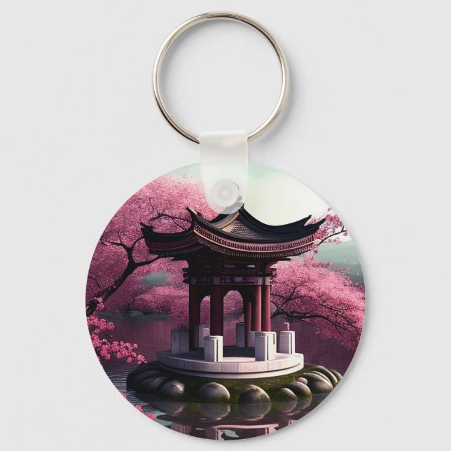 Sakura Cherry Blossom Garden Shrine Pond Japanese Key Ring (Front)