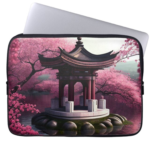 Sakura Cherry Blossom Garden Shrine Pond Japanese Laptop Sleeve (Front)
