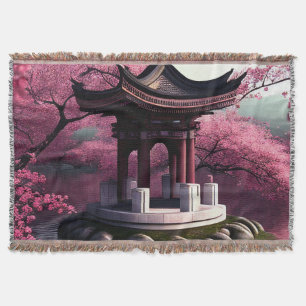 Sakura Cherry Blossom Garden Shrine Pond Japanese Throw Blanket