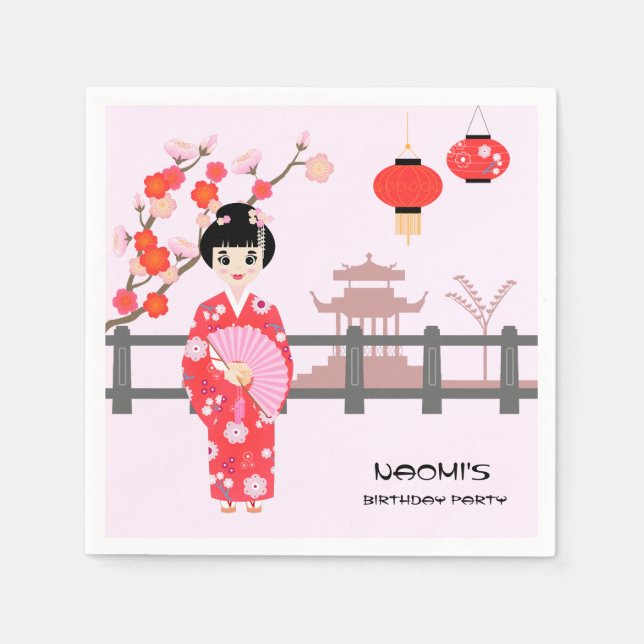 Sakura Cherry Blossom Japanese Girl Birthday Party Napkin (Front)