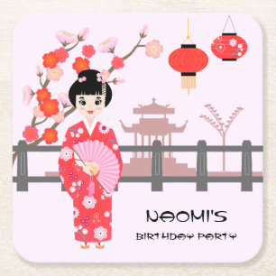 Sakura Cherry Blossom Japanese Girl Birthday Party Square Paper Coaster