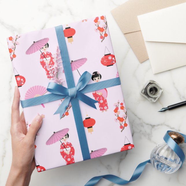 Sakura Cherry Blossom Japanese Girl Birthday Party Wrapping Paper (Gifting)