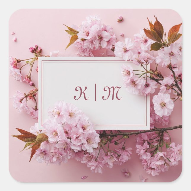 Sakura Cherry Blossom Pink Wedding Square Sticker (Front)