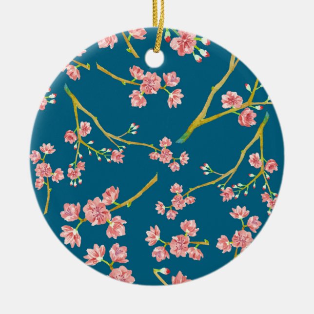 Sakura Cherry Blossom Print on Blue Ceramic Ornament (Front)