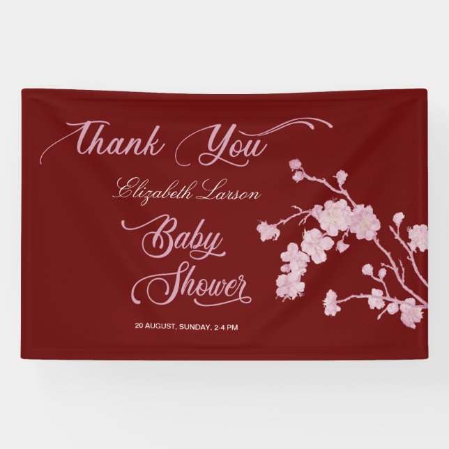Sakura Cherry Blossoms Baby Shower Burgundy Banner (Horizontal)
