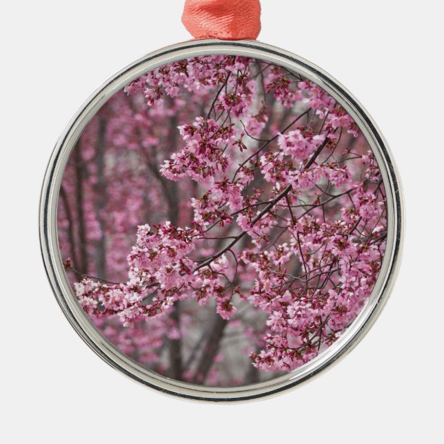 Sakura Cherry Blossoms Flowing Pink Metal Ornament (Front)