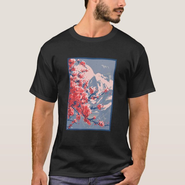 Sakura Cherry Blossoms Mountain T-Shirt (Front)