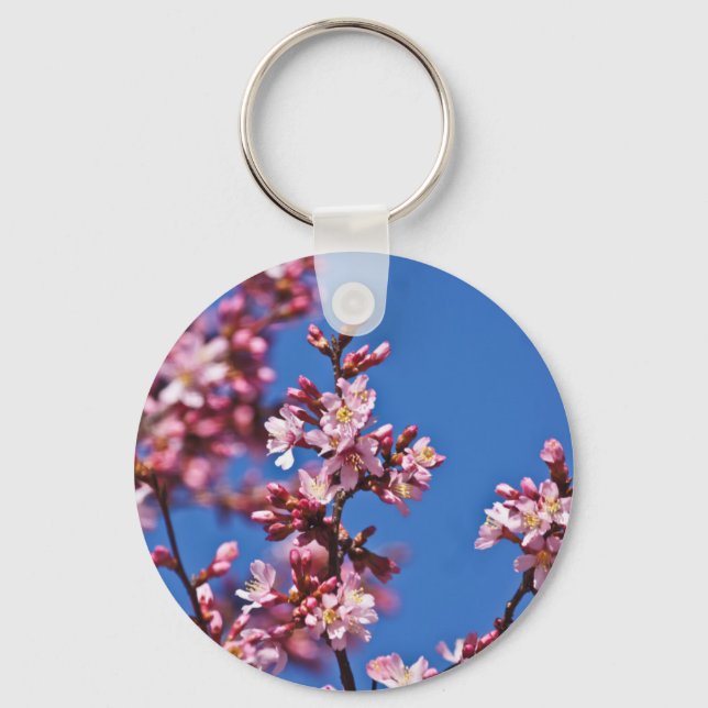 Sakura Cherry Blossoms Touching Blue Key Ring (Front)